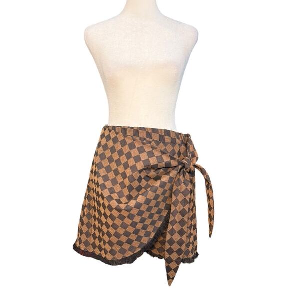 Judith March Check Mate Brown Jacquard Wrap Skirt Women’s Medium Plaid Fringe - Picture 3 of 10